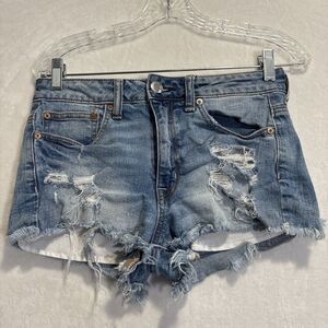 American Eagle Shorts Size 6 Hi Rise Festival Stretch Blue Denim Distressed